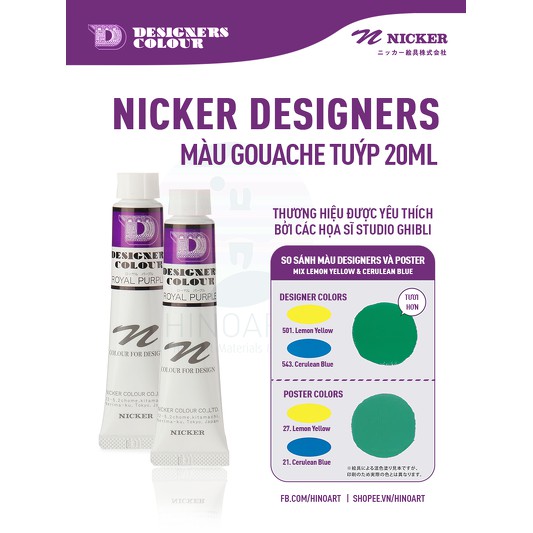 Tông đỏ, hồng, tím màu Gouache Nicker Design Color - tuýp 20ml - lẻ