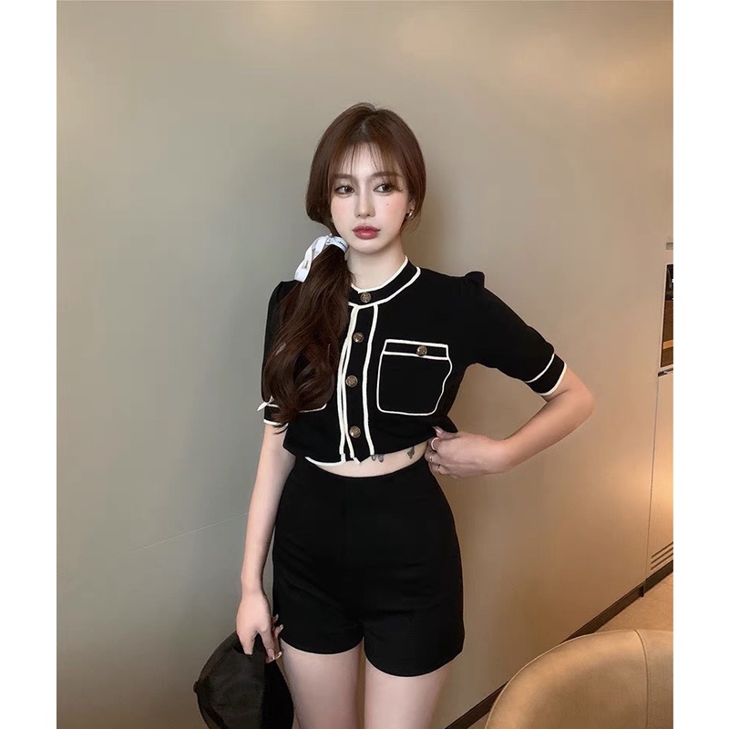 Áo len dệt kim tay ngắn phong cách sang trọng
