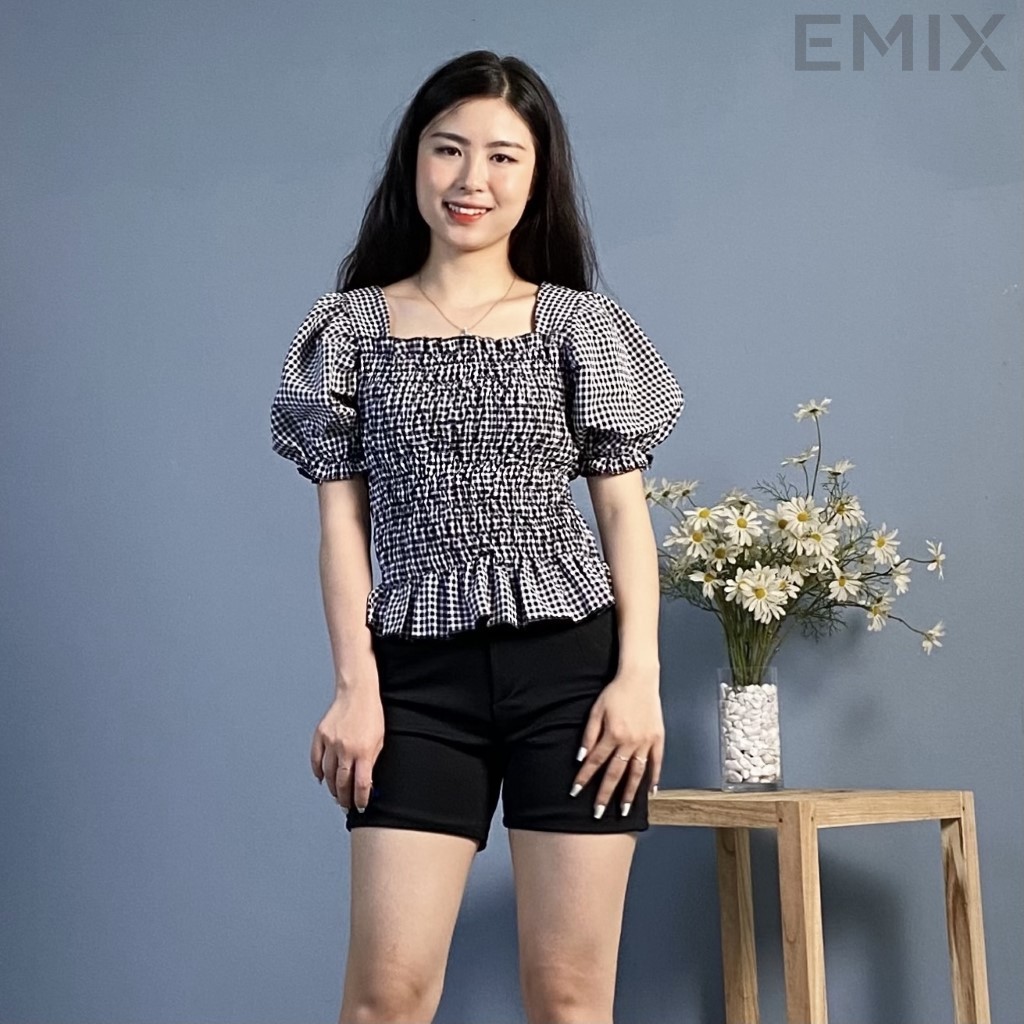 Áo kiểu kẻ caro đan lưng tay bồng EMIX | BigBuy360 - bigbuy360.vn