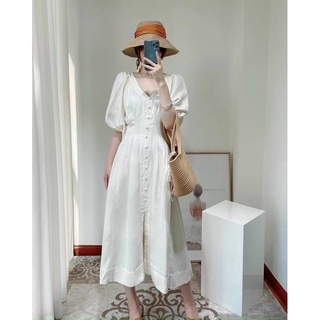 Đầm trắng cổ V xếp li eo tay thun