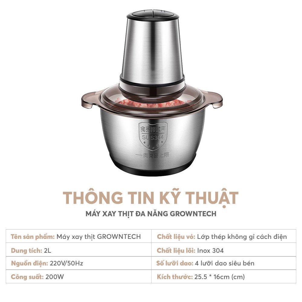 Máy xay thịt đa năng cối Inox 304 dung tích 2L 4 lưỡi dao bằng thép sinh tố tỏi tiêu thức ăn G01