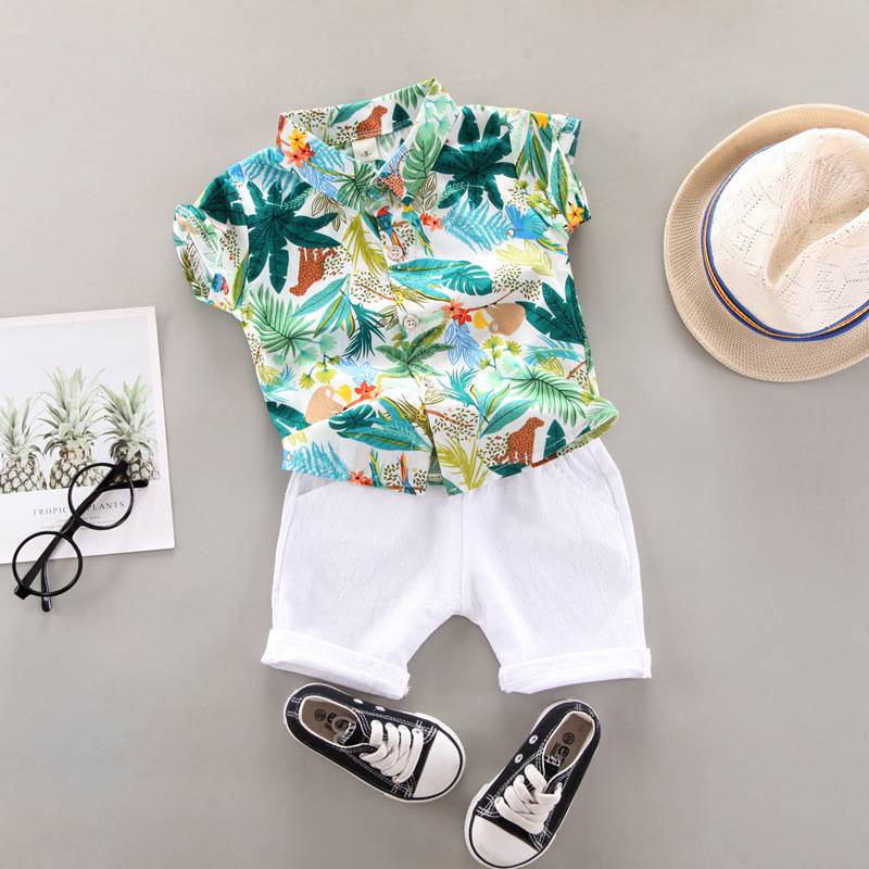 0-5 tuổi Cô bé Thời trang Mùa hè Trẻ em Quần áo ngắn tay Boy Cây dừa Hoa mẫu ngắn tay + Quần short 2 mảnh Set