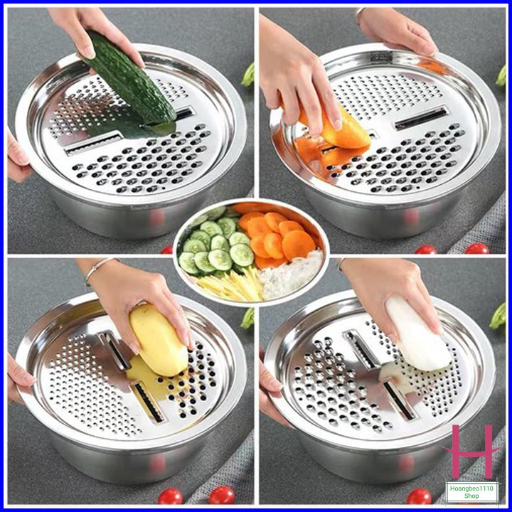 Bộ rổ, chậu kèm nạo rau củ quả inox đa năng 3in1 siêu tiện dụng { H }