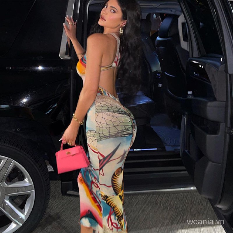 Váy hai dây in họa tiết thiết kế hở lưng gợi cảm dành cho nữ