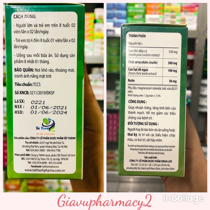 Viên Uống Giấp Cá Plus Tất Thành Bổ Sung Chất Xơ Tự Nhiên Giảm Táo Bón Trĩ