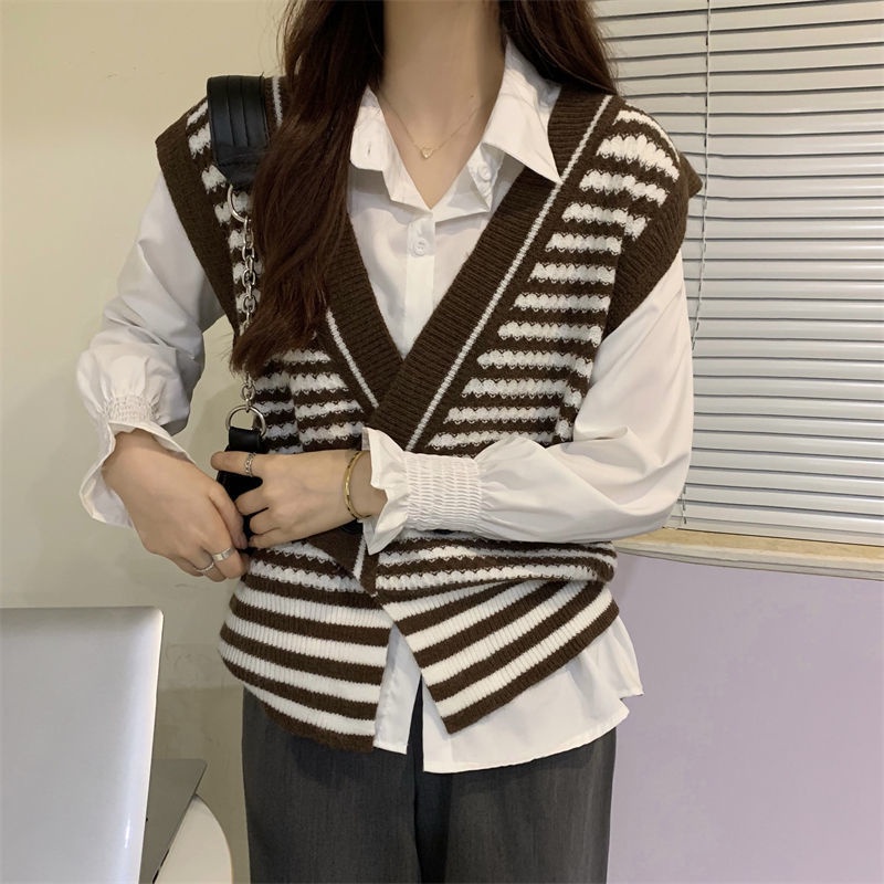 Áo dệt kim không tay dáng rộng phong cách vintage hàn quốc dành cho nữ