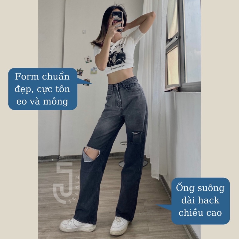 Quần jeans nữ ống suông dài JEANIE 328 quần jean rách gối, quần jean loang màu cá tính