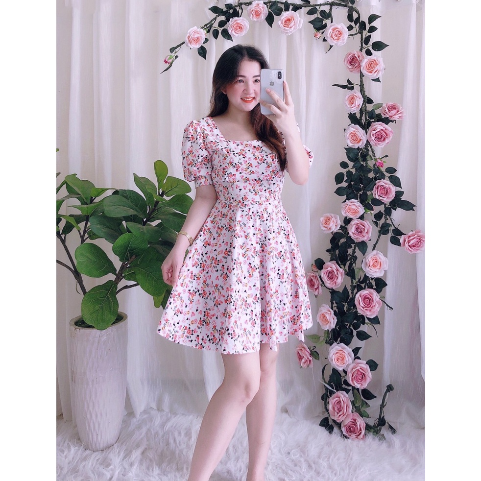 Đầm nữ cổ vuông tay phồng bo gấu chất liệu lụa Nhật | BigBuy360 - bigbuy360.vn