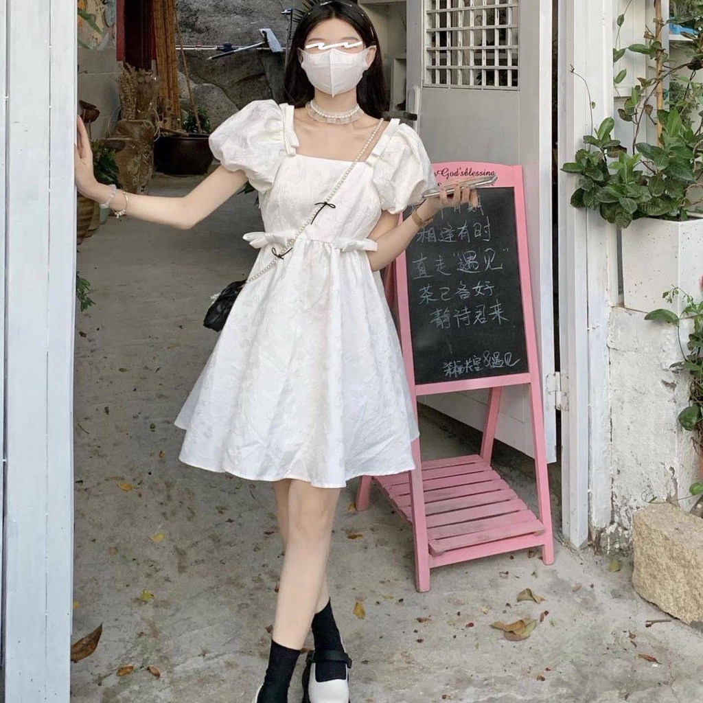 Váy babydoll đầm babydoll Đầm Cổ Vuông Eo Cao Đính Nơ Phong Cách Hàn Quốc Ngọt Ngào Thời Trang Mùa Hè Dành Cho Nữ