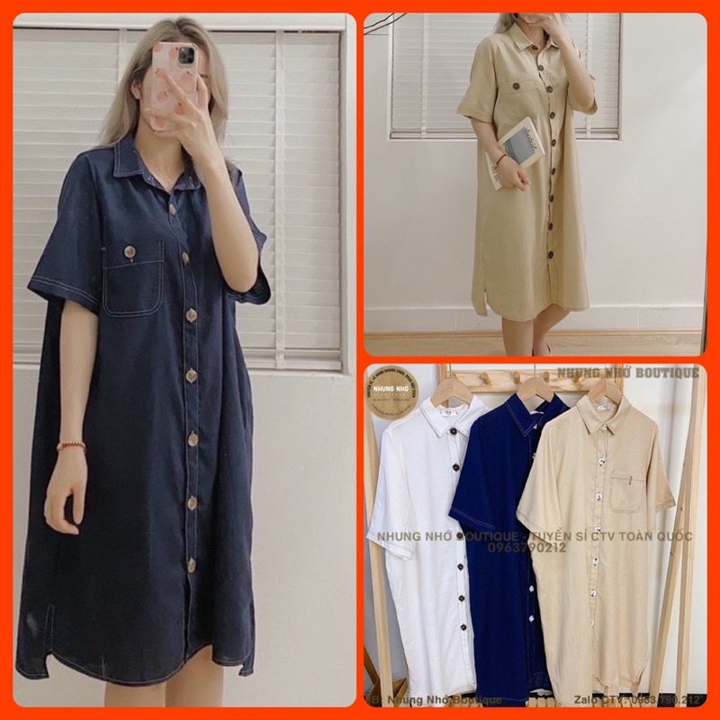 Váy sơ mi trơn viền chỉ nổi 6 màu dáng xuông chất đũi linen / Đầm xuông cổ đức 175 Nhung Nhớ