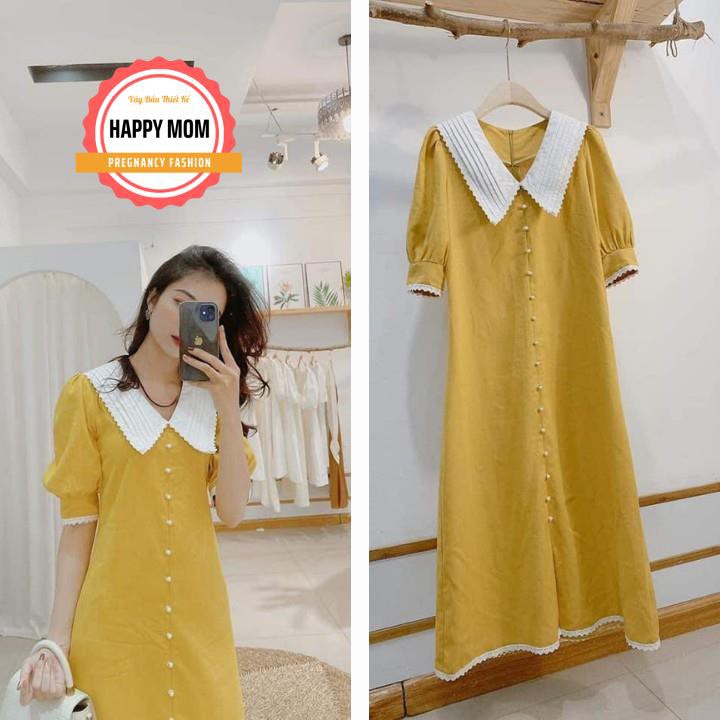 Đầm bầu Váy bầu công sở cổ bèo ngắn tay, trang trí cúc ngọc. Màu vàng xinh xắn