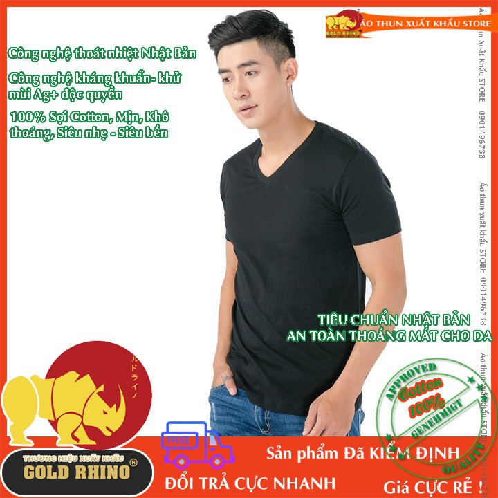 áo thun Nam cổ tim cao cấp hiệu GOLD RHINO màu đen ngắn tay 100% cotton vải mịn thoáng mát kháng khuẩn -Hàng Có Sẵn