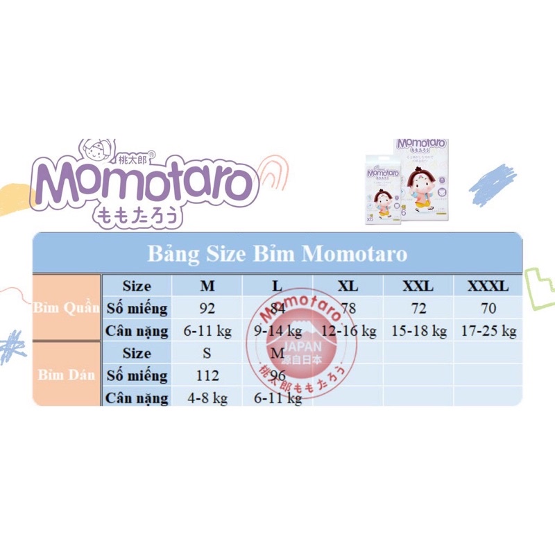 [HCM] Tã/Bỉm dán/Quần Momotaro chính hãng Nhật Bản (Đủ size S112/M92/L84/XL78/XXL72/XXXL70)