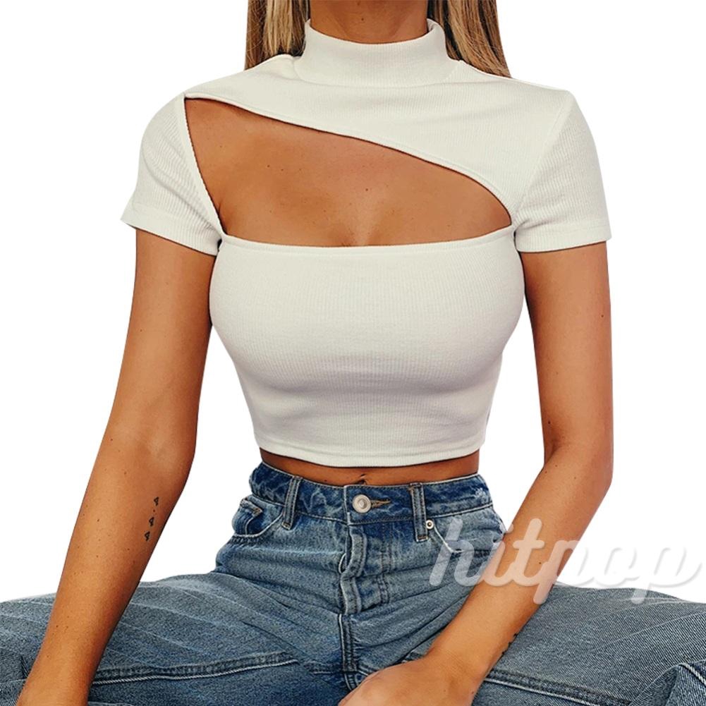 Áo Croptop tay ngắn ôm dáng màu trơn rỗng thời trang | BigBuy360 - bigbuy360.vn