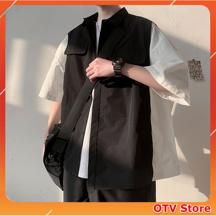 Áo sơ mi tay ngắn nam phối màu Unisex vải Kate Hàn, Áo sơ mi tay lỡ nam form rộng thoáng mát và đẹp | BigBuy360 - bigbuy360.vn