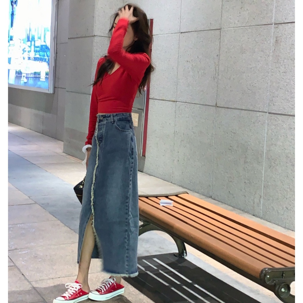 Chân Váy Bò DENIM Vạt Giữa Phong Cách Hàn Quốc C1