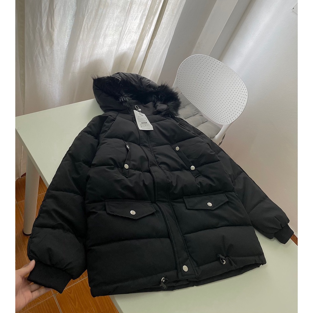 Áo phao béo kèm mũ lông tách rời ba màu xanh đen, xanh dương và xanh lá freesize dưới 70kg - Hàng chuẩn QCCC | BigBuy360 - bigbuy360.vn