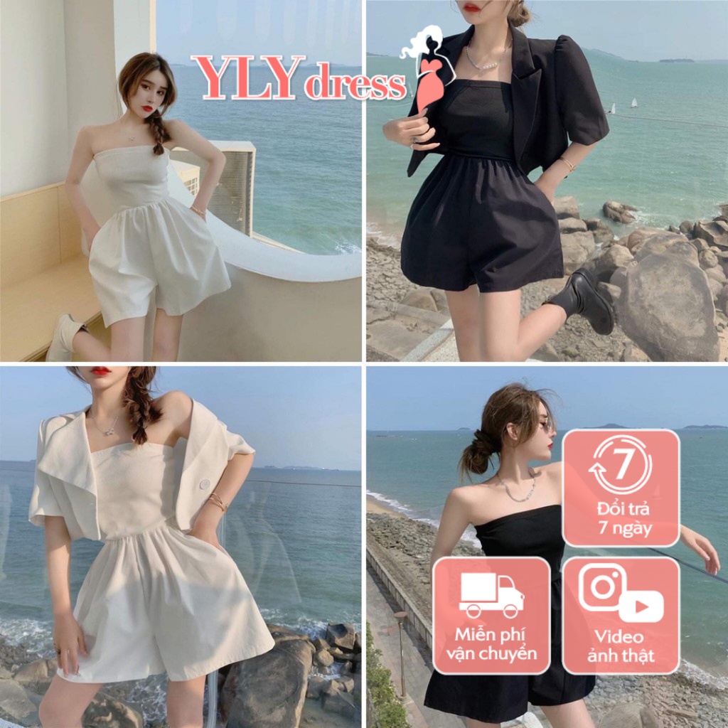 Set jumsuit kèm áo khoác lửng dáng vest cộc tay Set bộ áo liền quần jumsuit mix áo khoác dáng vest lửng hot trend C205 | BigBuy360 - bigbuy360.vn