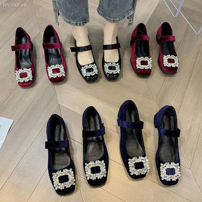 Giày mũi vuông đính đá phong cách retro thời trang mùa đông 2022 dành cho nữ