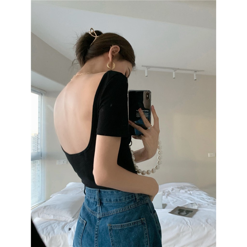 Cocory vn Áo thun tay ngắn thiết kế hở lưng gợi cảm