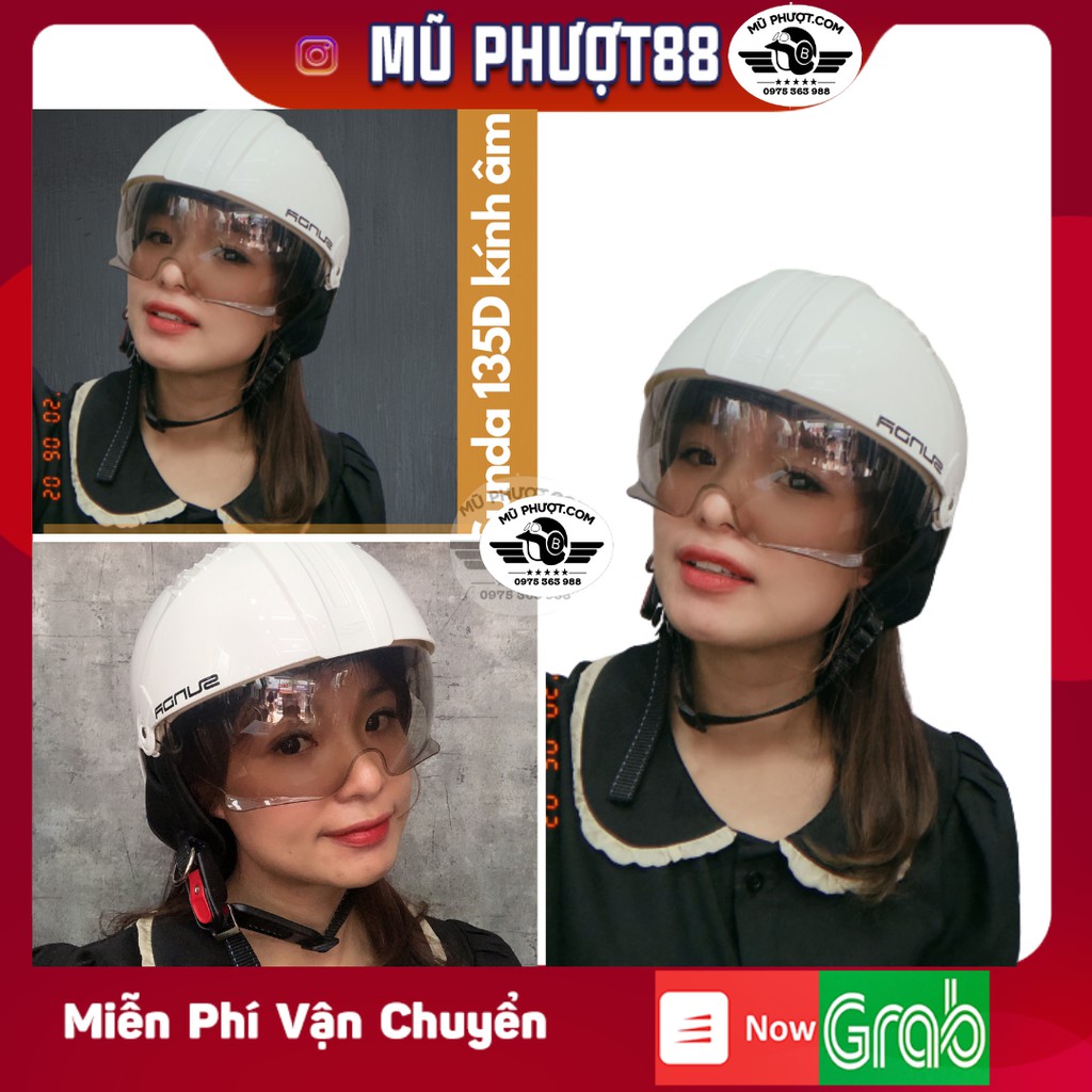 Mũ bảo hiểm SUNDA 135D giấu kính, màu trắng, tháo lót tiện lợi thời trang clip thật