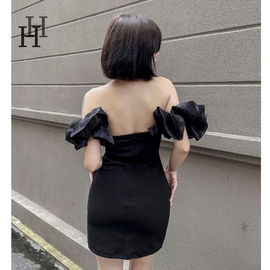 Đầm body cúp ngực formset tay bèo nơ màu đen HDT284 Hỉn Hỉn Store
