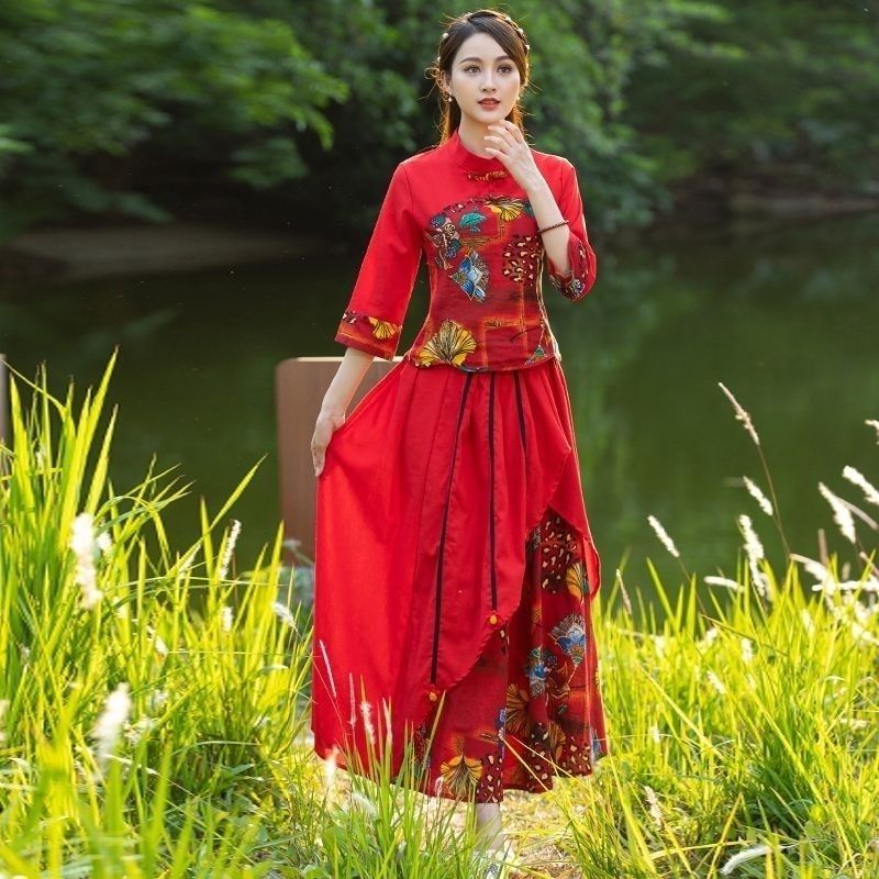 Bộ Đồ Sườn Xám Cách Tân Vải Cotton Lanh Cài Khóa Kiểu Trung Hoa Retro