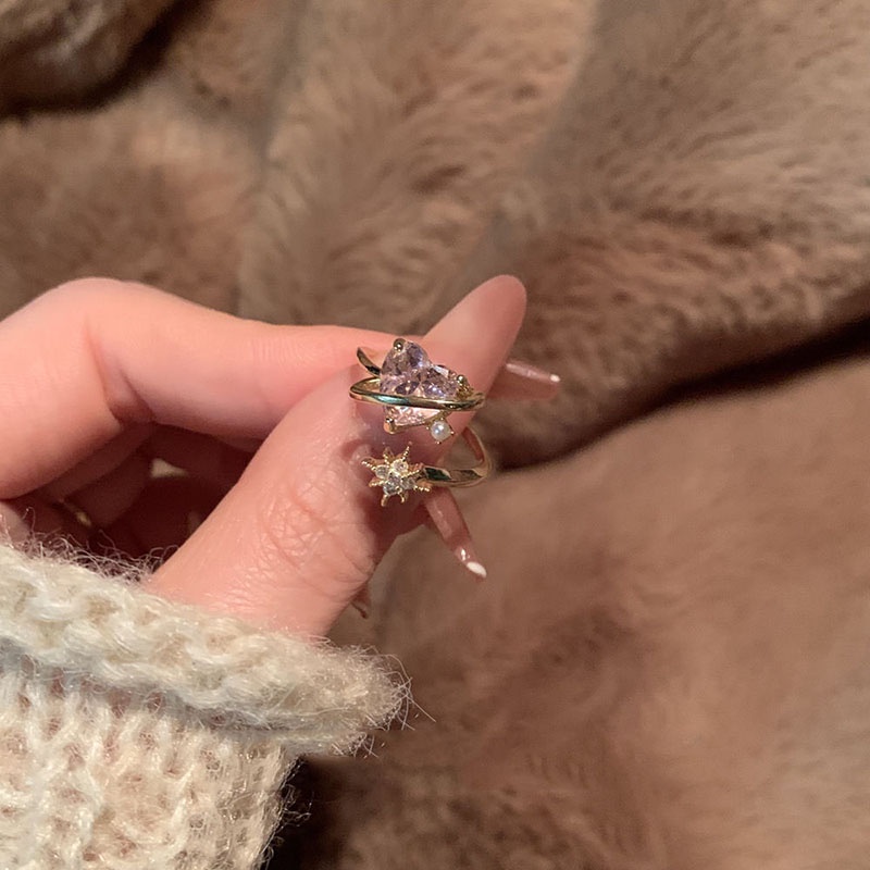 Nhẫn Hở Hình Trái Tim Đính Ngọc Trai Màu Hồng Phong Cách Hàn Quốc