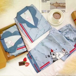 Bộ mặc nhà pyjama lụa dài tea store họa tiết my lady cao cấp