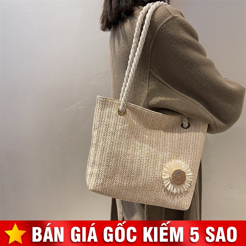 Túi Cói Vuông Lớn Đi Biển Phối Hoa Cúc Thời Trang P2180