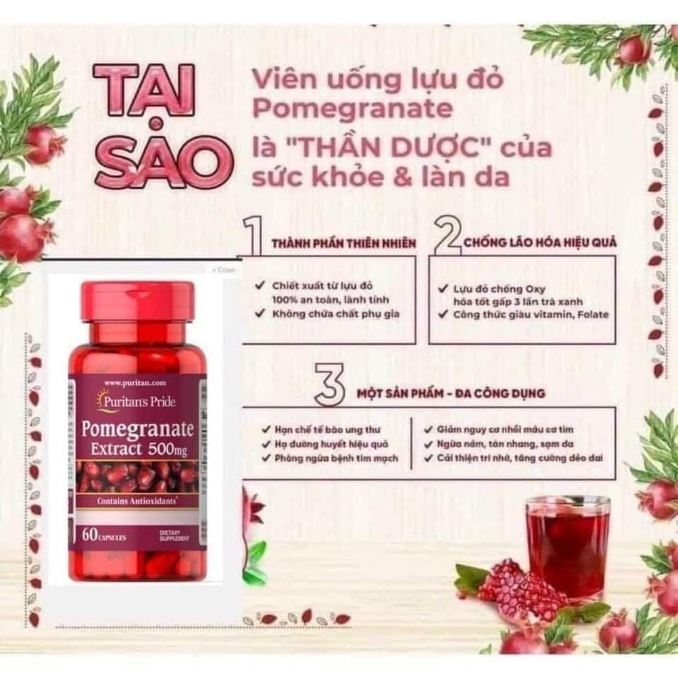 Viên uống chống nắng nội sinh chiết suất từ lựu đỏ 𝐏𝐮𝐫𝐢𝐭𝐚𝐧’𝐏𝐫𝐢𝐝𝐞 𝐏𝐨𝐦𝐞𝐠𝐫𝐚𝐧𝐚𝐭𝐞 𝐄𝐱𝐭𝐫𝐚𝐜𝐭 500mg