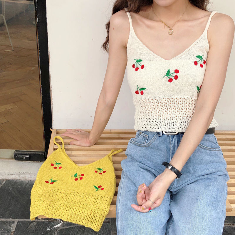 Áo Tank Top Dệt Kim Hoạ Tiết Cherry Phong Cách Retro