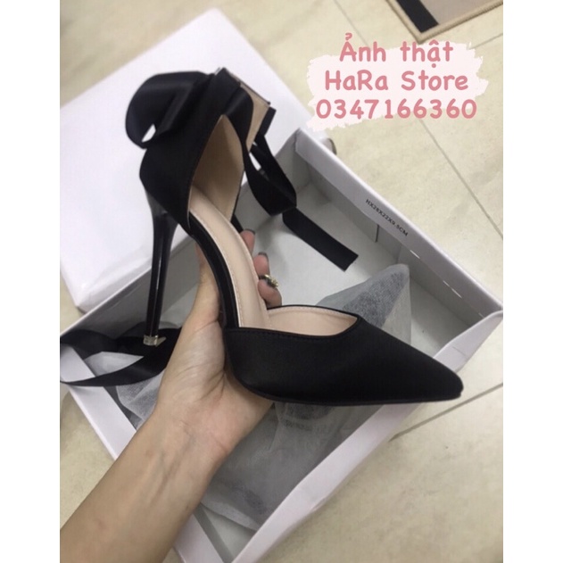 Cao gót màu hồng và đen mũi nhọn bít mũi vải satin bóng đẹp