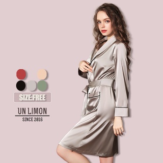 Áo choàng ngủ UNLIMON tay dài cổ chữ V chất liệu lụa satin thời trang cho nữ