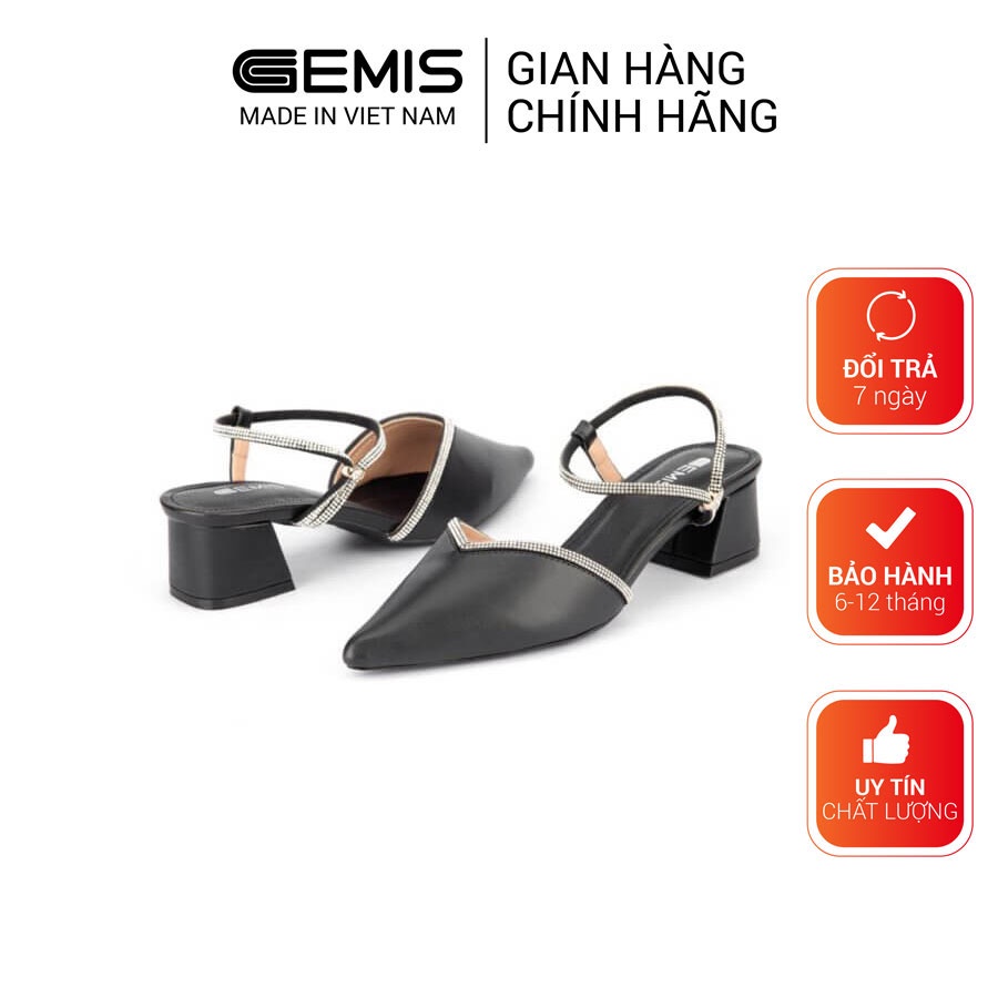 Giày cao gót nữ mũi nhọn đế vuông hở hậu khóa cài da lì 5cm GEMIS - GM00235 Trắng|Đen|Kem