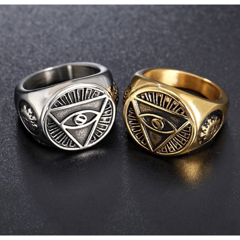 Nhẫn inox họa tiết kim tự tháp illunati phong cách Biker độc đáo