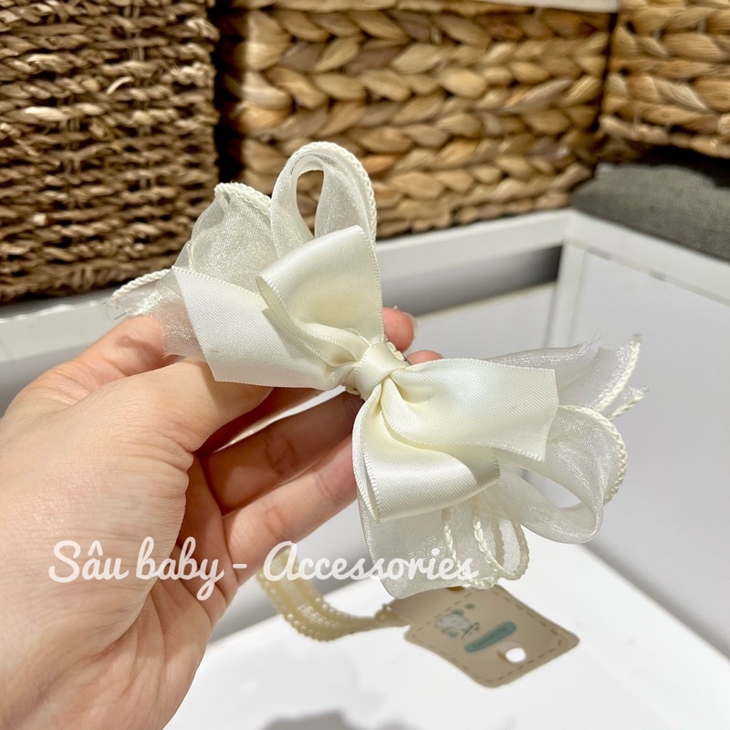 Băng đô turban nơ hồng kem handmade đơn giản cho bé