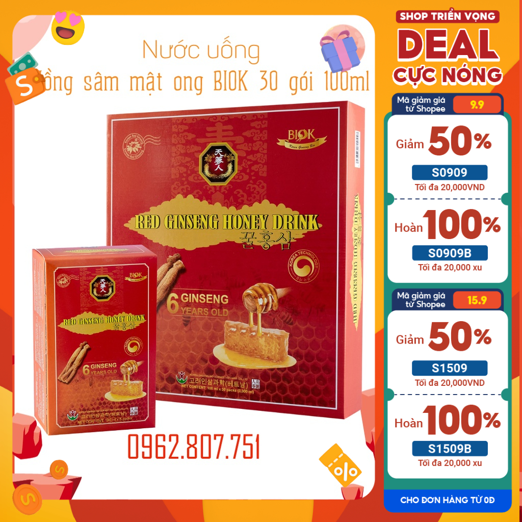 Nước uống hồng sâm mật ong Hàn Quốc chính hãng Biok hộp to 30 gói *100ml, Tinh chất hồng sâm 6 năm tuổi, Chiết xuất sâm