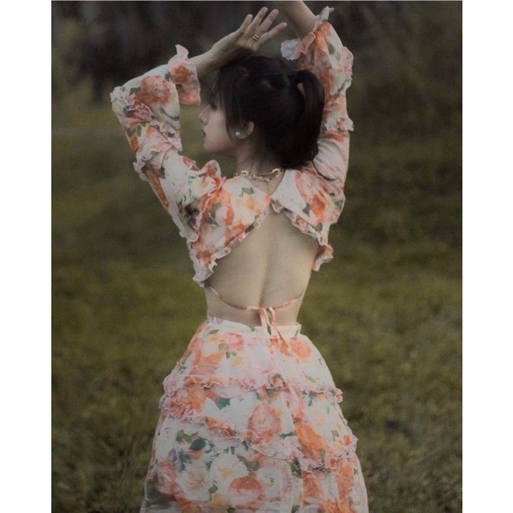 ĐẦM VOAN HOA NỮ HỞ LƯNG SANG CHẢNH PU THỜI TRANG HHP