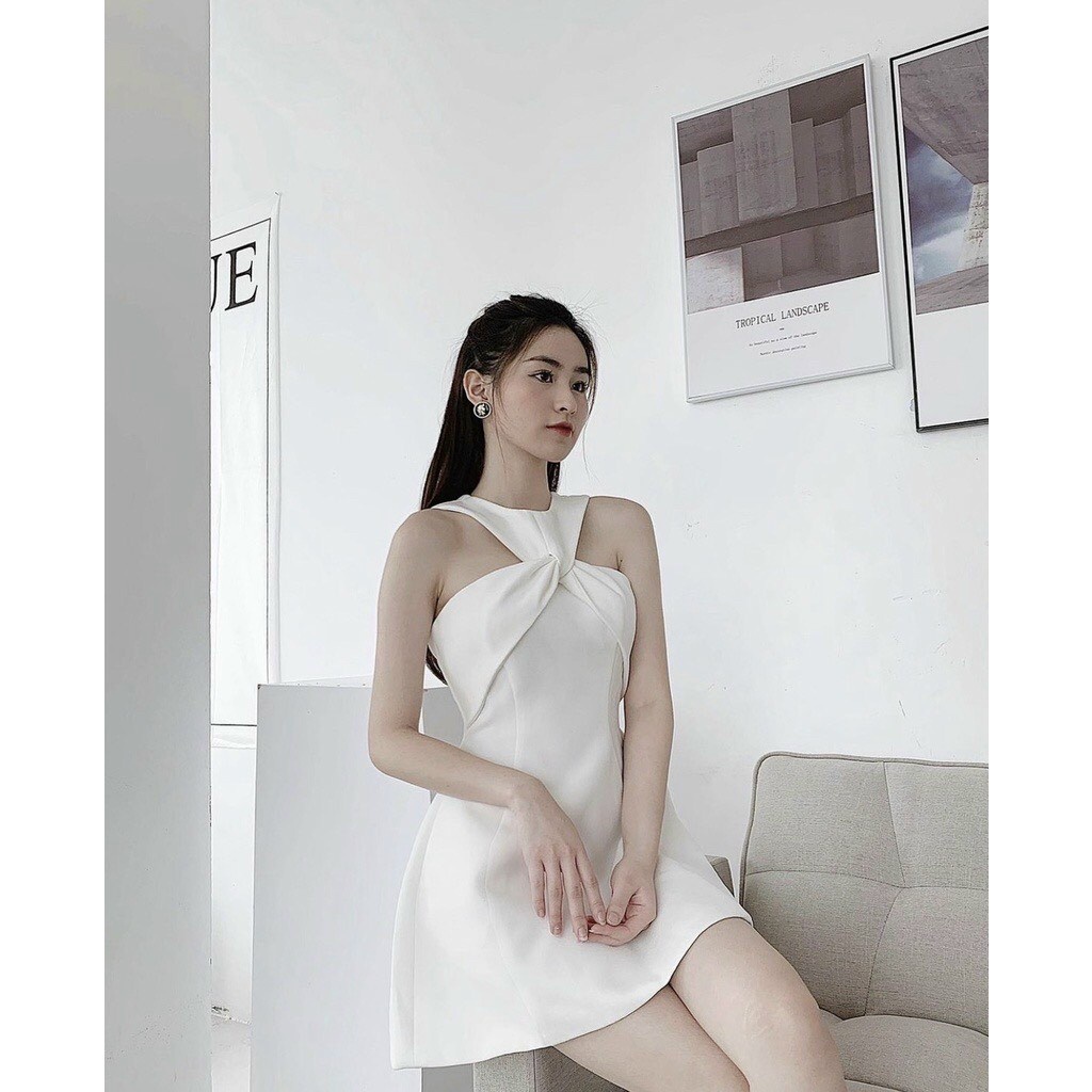 [ Miễn phí ship 2022 ] Đầm trắng đi chơi đi tiệc xinh xắn, váy cổ xoắn umi dáng xoè có mut ngực