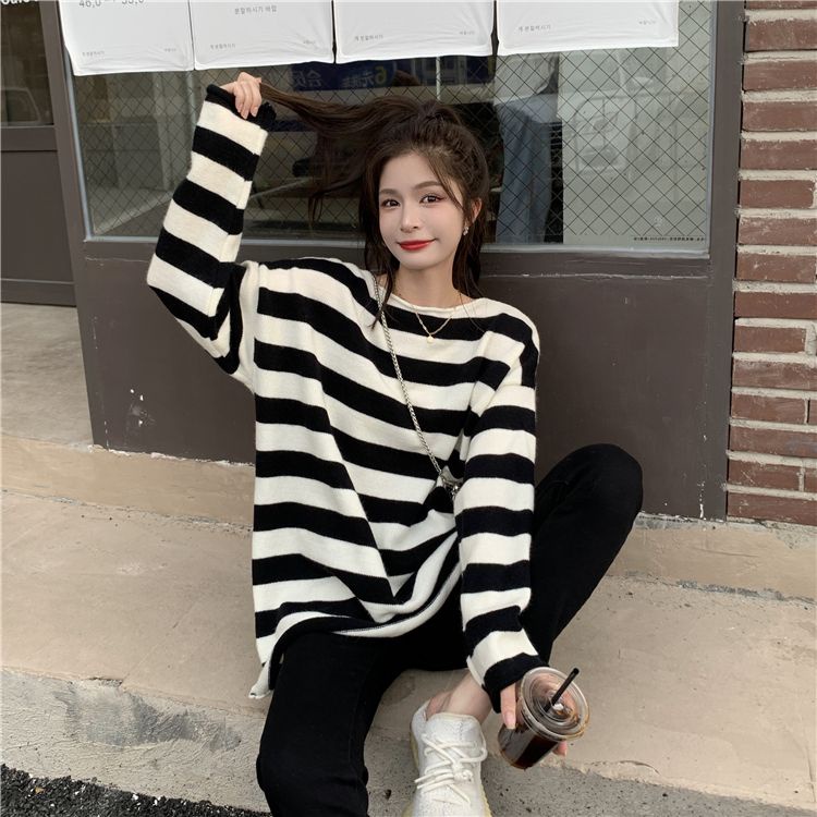 Áo Sweater Tay Dài Dáng Rộng Họa Tiết Kẻ Sọc Thời Trang Mùa Xuân Mới Cho Nữ