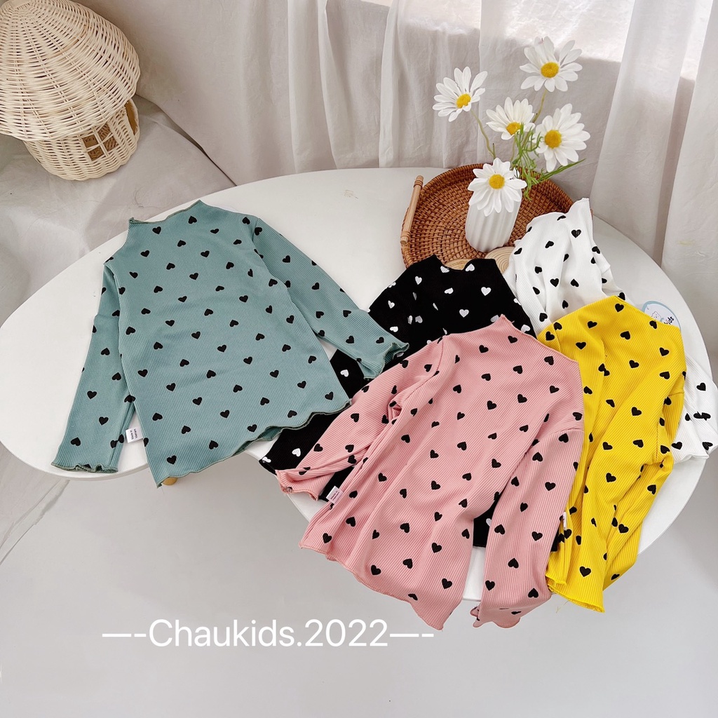 [SALE] Áo Cổ Lọ Cho Bé Gái Vải Thun Tăm Hoạ Tiết Trái Tim, Áo Thun Cho Bé Mặc Nhà Thu Đông CKAD01