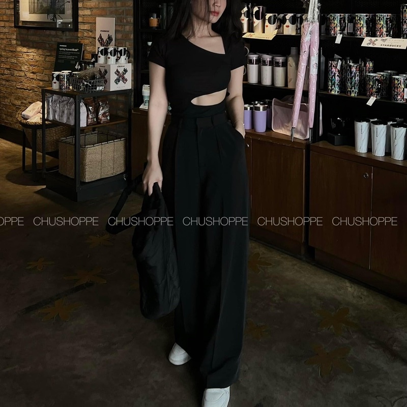 CHUSHOPPE - ÁO THUN ĐEN CUTOUT EO