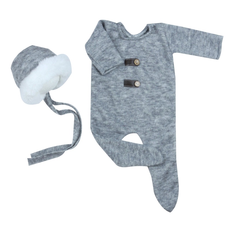 Bộ 2 Món Áo Liền Quần Dệt Kim + Mũ Beanie Dễ Thương Làm Phụ Kiện Chụp Ảnh Cho Bé Sơ Sinh