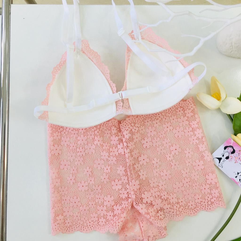 Bộ đồ lót không gọng ALA BRALETTE mút mỏng màu hồng quân đùi chất liệu ren