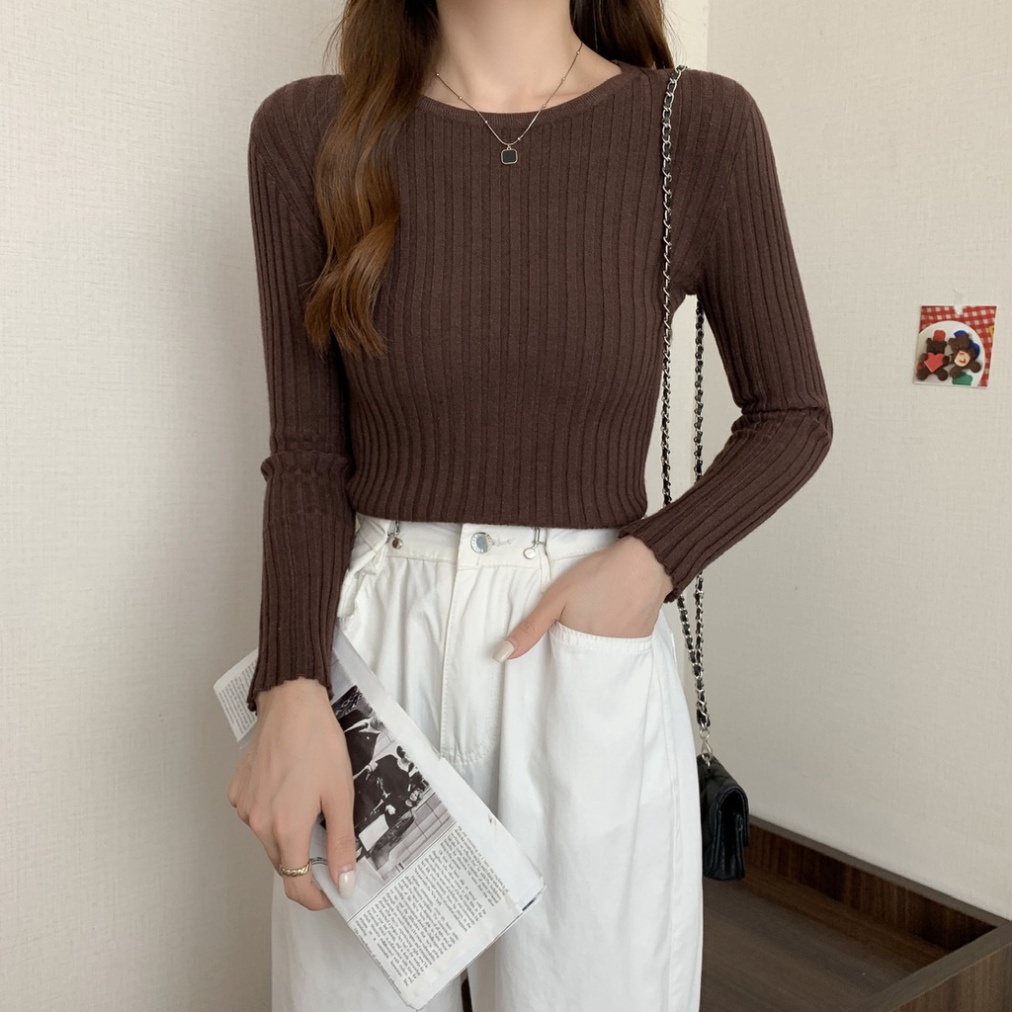Áo Sweater Dệt Kim Tay Dài Cổ Tròn Màu Sắc Đơn Giản 6 Màu Lựa Chọn Phong Cách Hàn Quốc