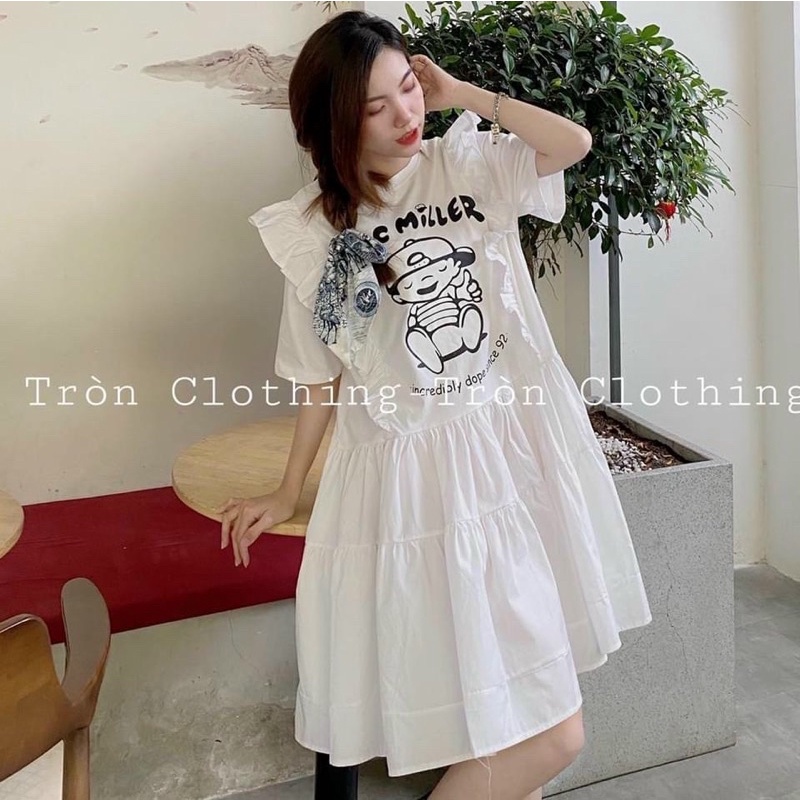 Đầm babydoll viền bèo in hình baby form rộng bầu bì bon chen che bụng che đùi big size siêu xinh