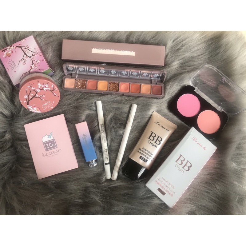 Combo Bộ Trang Điểm Cơ Bản kem nền+ phân phủ + kẻ mắt +son + má hồng + phấn mắt + chì kẻ chân mày