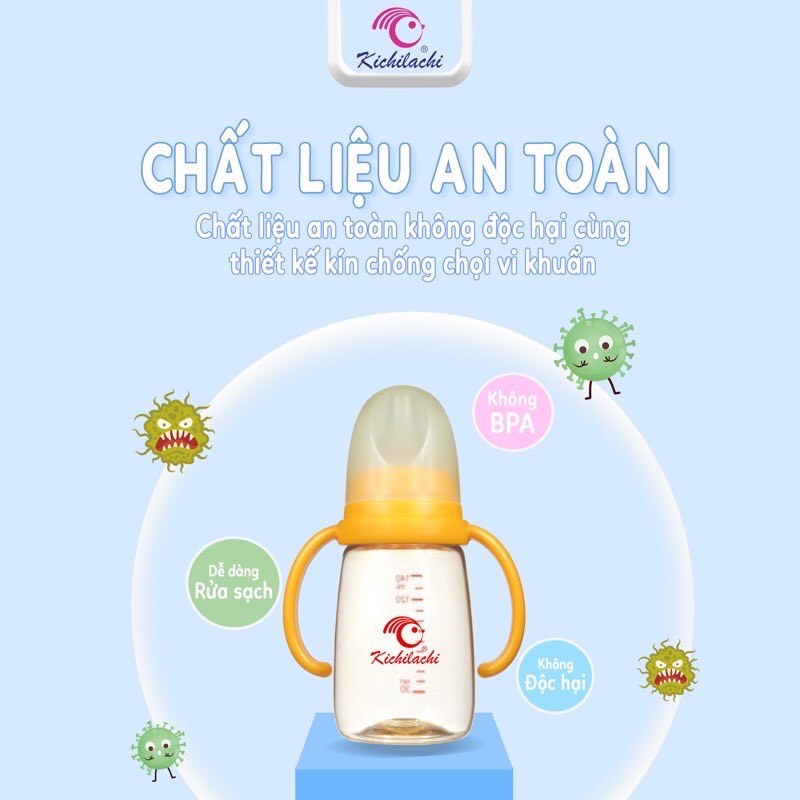 Bình sữa cổ hẹp PPSU cao cấp KICHI 140ml - 200ml (có tay cầm)