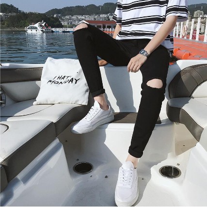 Quần jean mỏng phù hợp với màu đen của Hàn Quốc Nam giới Slim Fit Skinny Jeans Nam Jeans dài Denim Seluar Jeans